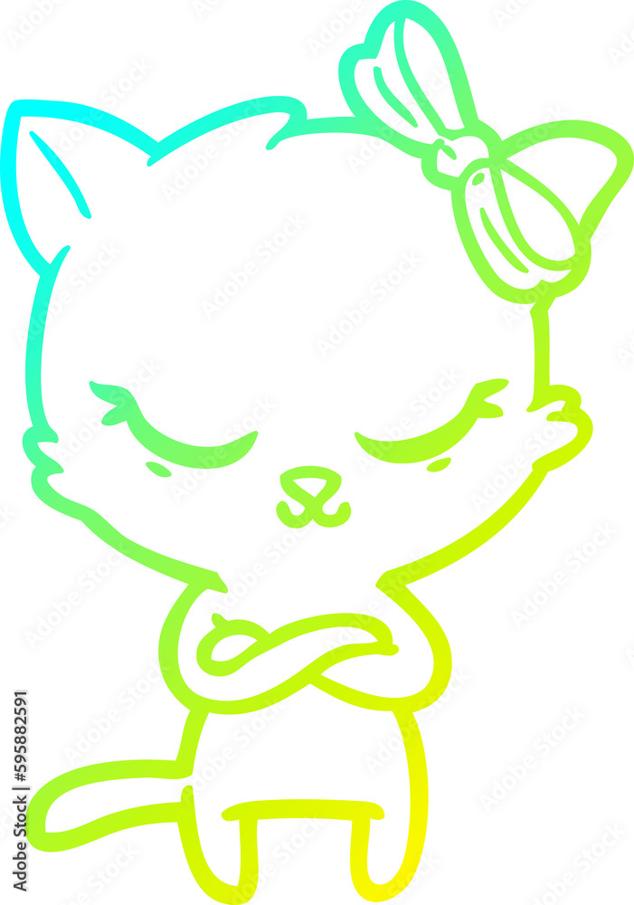 cold gradient line drawing of a cute cartoon cat with bow cold gradient line drawing of a cute cartoon cat with bow