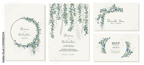 Rustic wedding thank you card and invitation templates with dangling vines  leaves and blue flowers in natural colors. Vector
