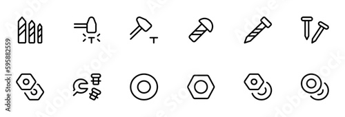 screw, bolt, washer, metalware, nut, diy, hexahedron, metal nail related icon and tools editable Stroke line icons and Suitable for Web Page, Mobile App, UI, UX design.