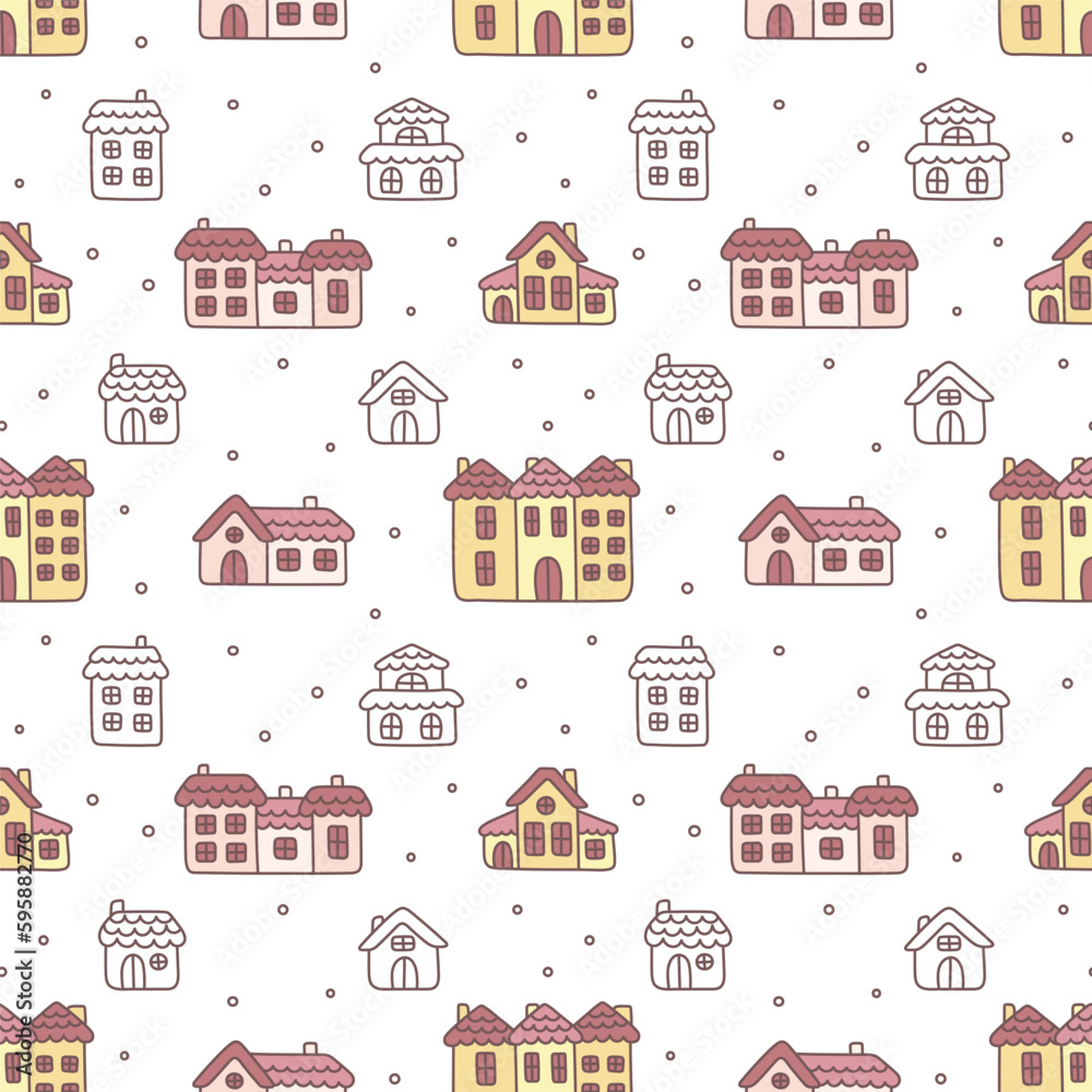 Seamless pattern for children. Endless background with cute doodle houses and snowflakes. Simple cute print for baby clothes, wallpaper or bedding. Illustrations for design of kids bedroom or nursery.