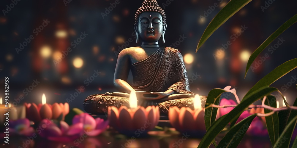  Buddha statue on candle blurred light and tropical flowers and 
 palm leaf,generated ai