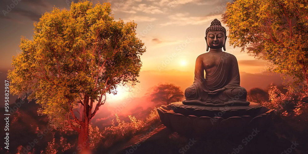  Buddha statue on Sunset background,buddha sit on sunset at mountain,generated ai