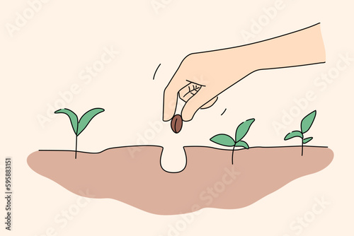 Close up of person hand put seed in soil. Farmer plant nut in ground engaged in gardening. Farming and agriculture. Vector illustration. 