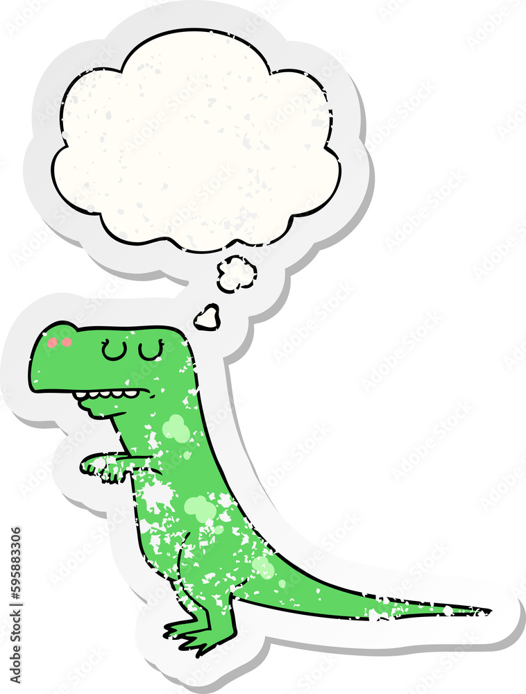 cartoon dinosaur with thought bubble as a distressed worn sticker cartoon dinosaur with thought bubble as a distressed worn sticker