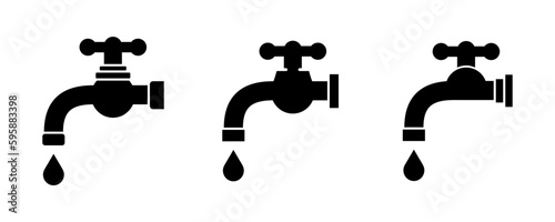 Set of faucet vector icons. Water tap icon. Black silhouette. 