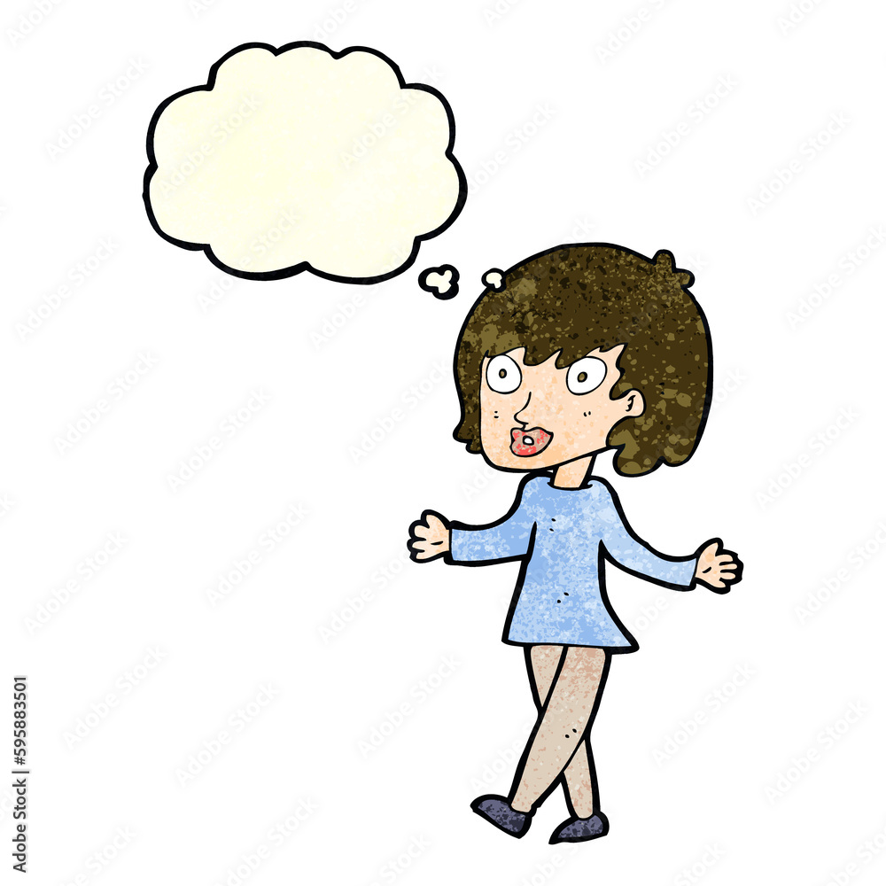 cartoon woman with open arms with thought bubble cartoon woman with open arms with thought bubble