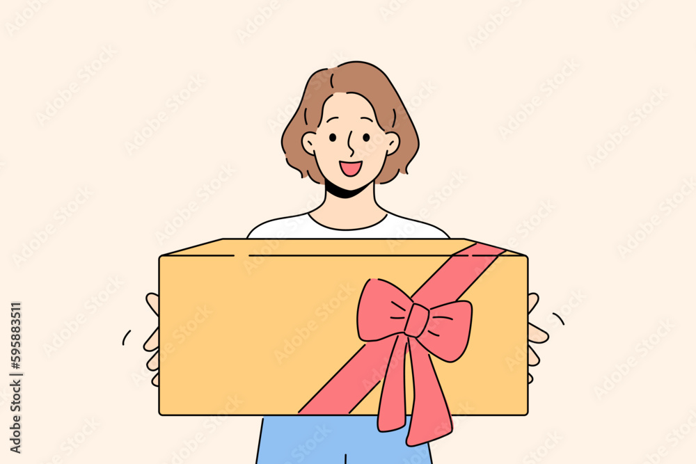 Smiling girl with wrapped box in hands celebrate birthday anniversary. Happy female teenager with giftbox with bow excited with present. Vector illustration. Smiling girl with wrapped box in hands celebrate birthday anniversary. Happy female teenager with giftbox with bow excited with present. Vector illustration.