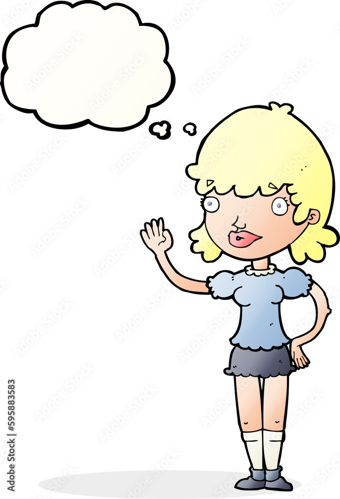 cartoon waving woman with thought bubble cartoon waving woman with thought bubble