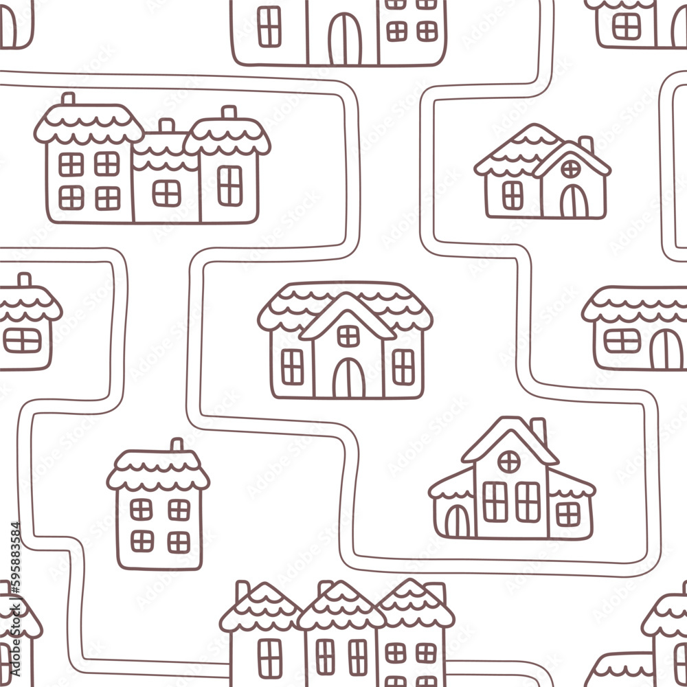 Cute seamless town pattern. Endless background with doodle houses and roads. Simple repeating print for baby clothes, wallpaper or bedding. Illustrations for the design of a kids bedroom or nursery.