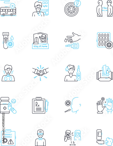 Computer protection linear icons set. Firewall, Antivirus, Malware, Spyware, Privacy, Hackers, Scams line vector and concept signs. Cybersecurity,Encryption,Passwords outline illustrations