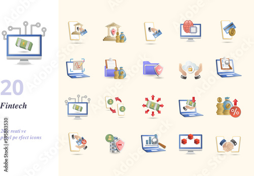 Fintech set. Creative icons: mobile banking, banking service, e-wallet, cognitive computing, digital currency, electronic signature, invoice trading, encryption, regtech, competitor analysis