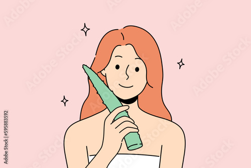 Smiling woman in bath towel hold fresh aloe vera leaf for skin care. Happy girl use organic product for healthy glowing face skin. Skincare. Vector illustration. 