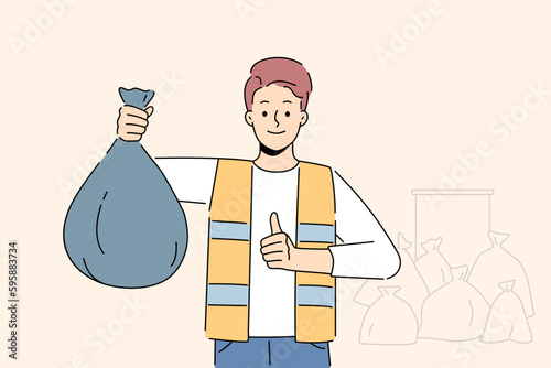 Garbage collector holding plastic bag with waste in hands show thumb up. Smiling male cleaner with bag of wastage and disposal. Occupation concept. Vector illustration. 