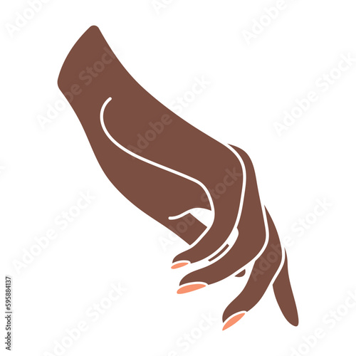 Elegant female hand with manicure. Beautiful arm of a black woman. Palm down perspective. Point finger. Non-verbal gesture. Delicate beautiful illustration in boho style. Stamp icon.