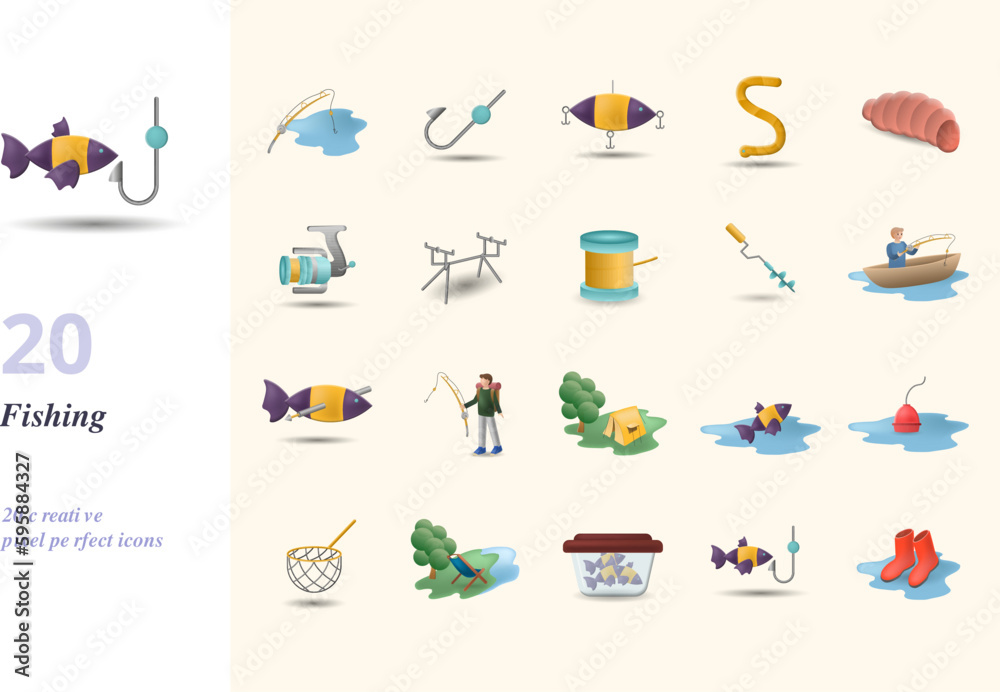 Fishing set. Creative icons: fishing rod, hook, lure, worm, maggots, fishing reel, rod pod, fishing line, ice drill, boat fishing, spearfishing, tent, fish, float, landing net, folding chair, fishing