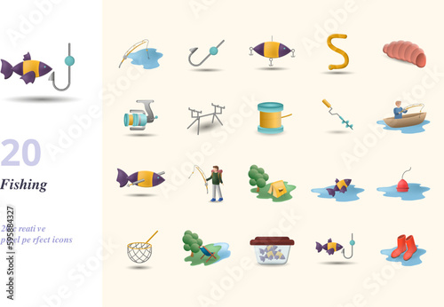 Fishing set. Creative icons: fishing rod, hook, lure, worm, maggots, fishing reel, rod pod, fishing line, ice drill, boat fishing, spearfishing, tent, fish, float, landing net, folding chair, fishing