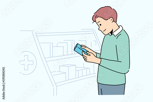 Smiling man choose product on shelf in drugstore. Happy male customer or client buy medication from pharmacy. Healthcare and medicine. Vector illustration. 