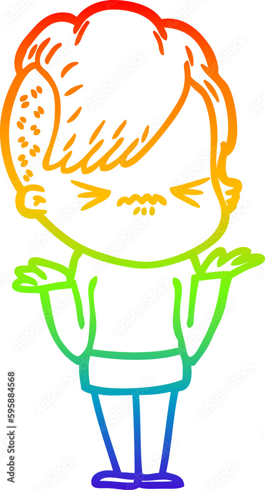 rainbow gradient line drawing of a cartoon annoyed hipster girl