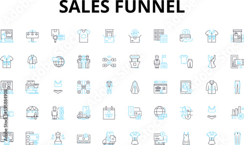 Sales funnel linear icons set. Leads, Conversion, Awareness, Engagement, Retargeting, Upsell, Cross-sell vector symbols and line concept signs. Funnel,Pipeline,CTA illustration