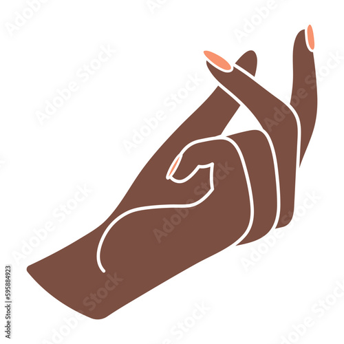 Beautiful female hand with palm up. Elegant arm with wrist and fingers of a black woman. The gesture of counting money. Clicking fingers. Non-verbal language. Delicate illustration in boho style.