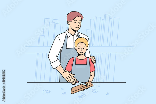 Caring father teach son carpentry in workshop. Loving dad and little boy child engaged in artisan and woodwork. Hobby and leisure. Vector illustration. 