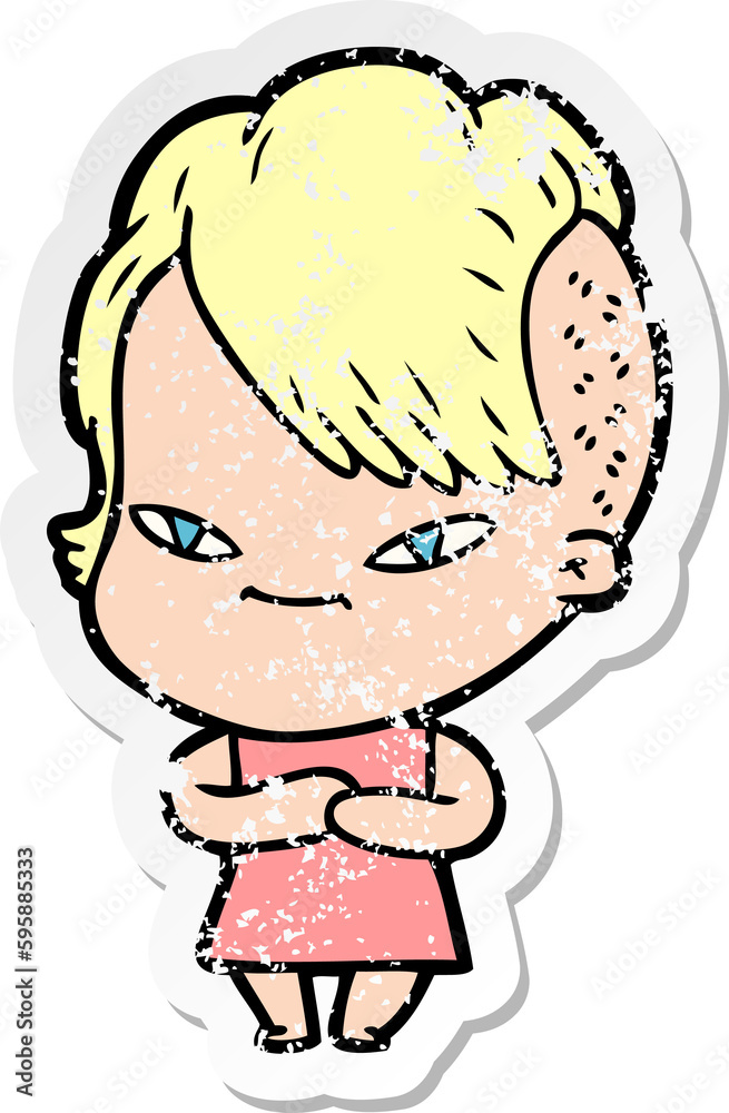 Obraz premium distressed sticker of a cute cartoon girl with hipster haircut