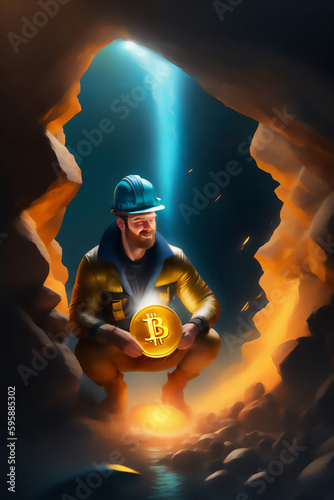 Bitcoin miner extracting bitcoin coins inside a mine (concept)(AI Generative)
