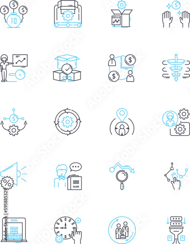 Industry sector linear icons set. anufacturing:, Fabrication, Assembly, Production, Machining, Textiles, Plastics line vector and concept signs. Metals,Robotics,Automation outline illustrations © Nina