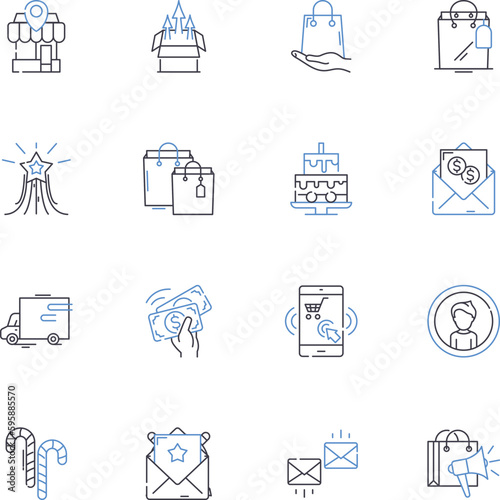 Outlet mall line icons collection. Bargains, Discounts, Shopping, Savings, Fashion, Brand, Deals vector and linear illustration. Variety,Prices,Quality outline signs set