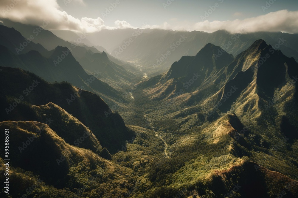 Picturesque Hawaiian mountains and forests in radiant sunlight. Generative AI