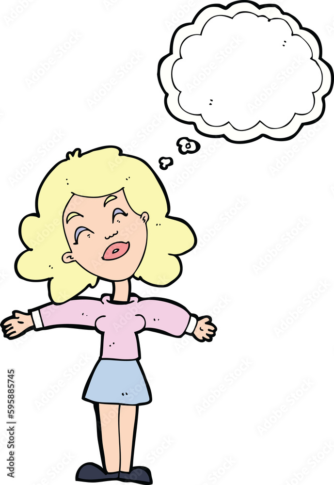 cartoon woman with open arms with thought bubble cartoon woman with open arms with thought bubble