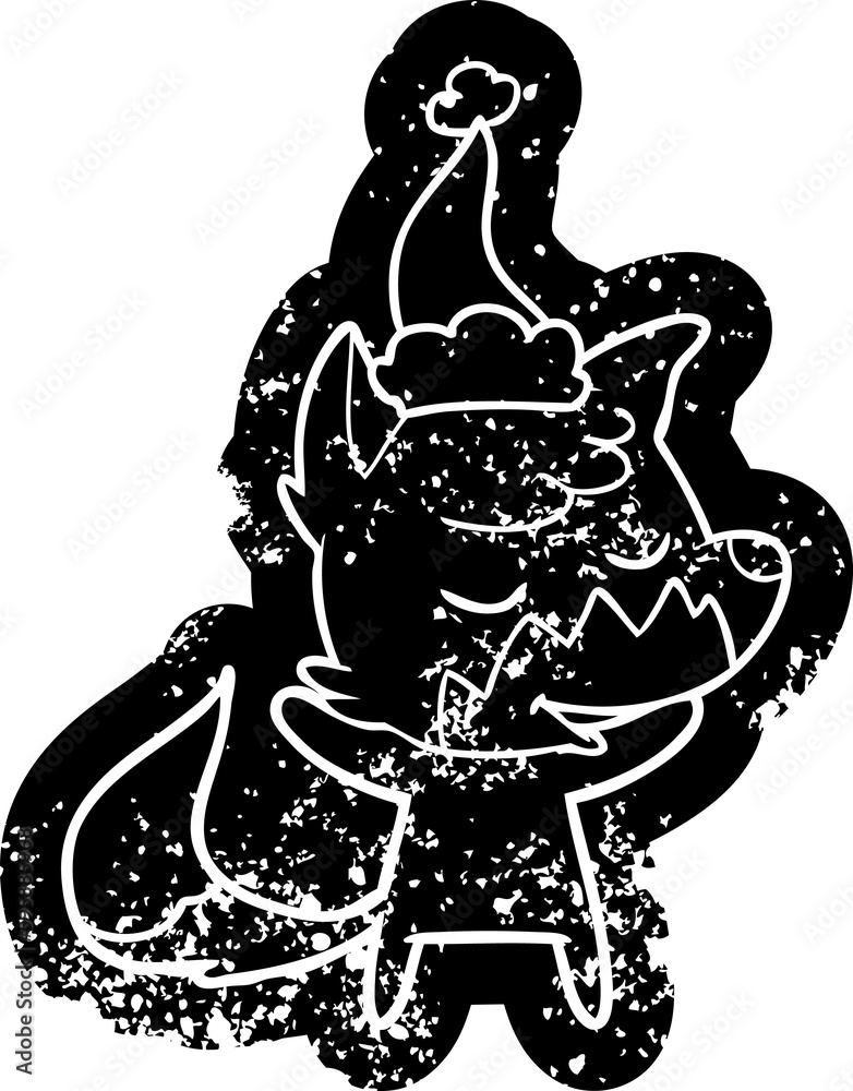Fototapeta premium friendly quirky cartoon distressed icon of a fox wearing santa hat