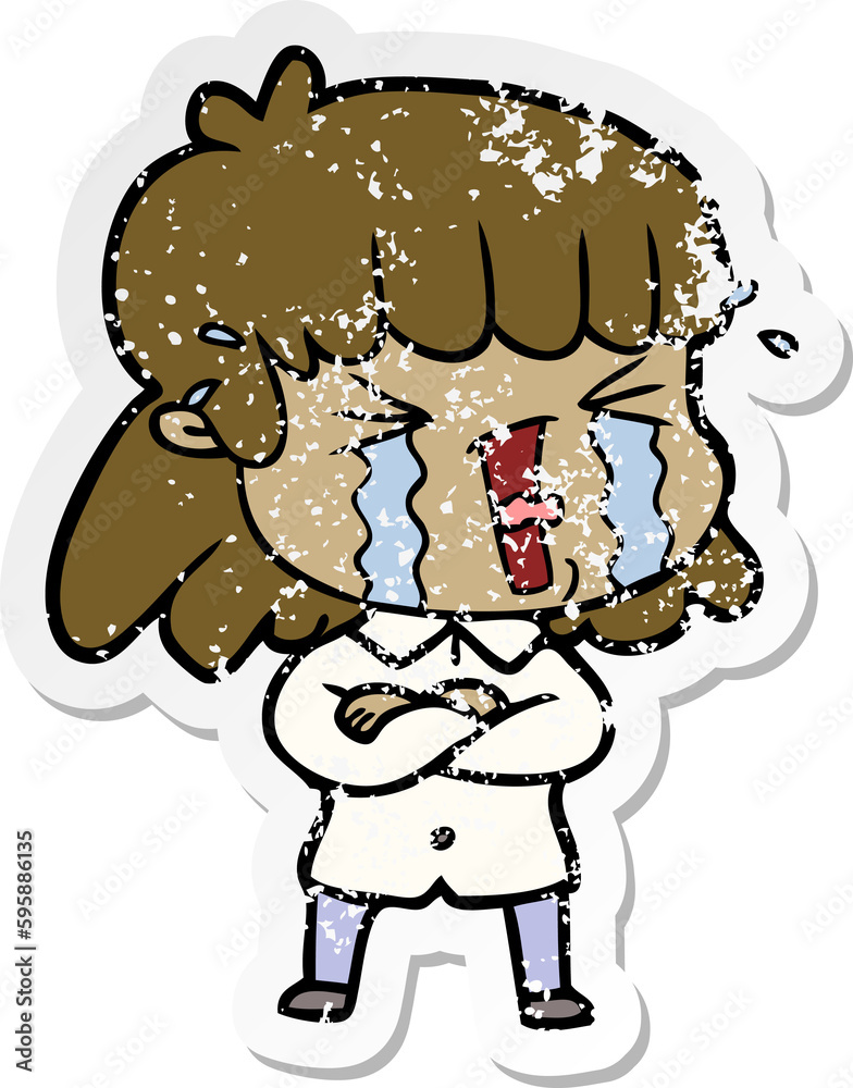 Fototapeta premium distressed sticker of a cartoon woman in tears