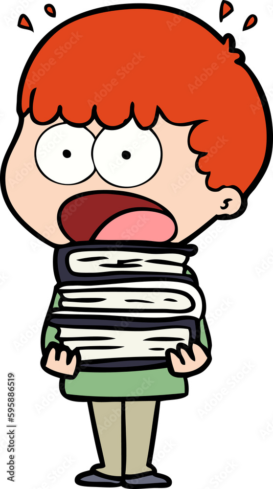 Fototapeta premium cartoon shocked boy with stack of books