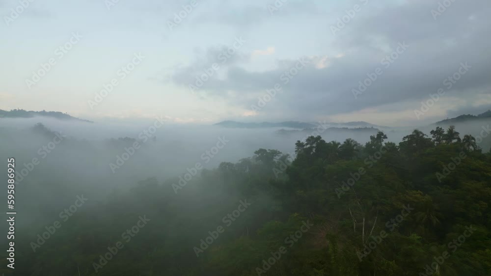 Flying Through Clouds On A Foggy Forest Mountains During Sunrise In Catanduanes, Philippines. Aerial Drone Shot Flying Through Clouds On A Foggy Forest Mountains During Sunrise In Catanduanes, Philippines. Aerial Drone Shot