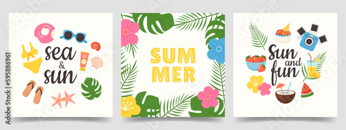 Set of summer square cards templates with seasonal lettering. Social media post decorated with tropical leaves, flowers, exotic fruits, beach items. Flat colorful vector illustration. 