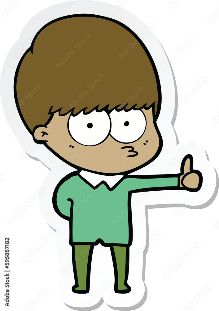 sticker of a curious cartoon boy giving thumbs up sign sticker of a curious cartoon boy giving thumbs up sign