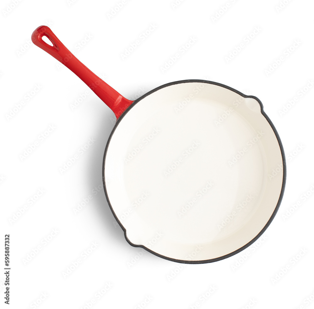 white and red frying pan on white background white and red frying pan on white background