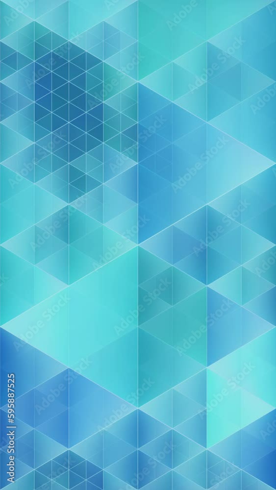 Blue triangles loop. Abstract, soft, simple, tranquil, geometric background. Vertical format.