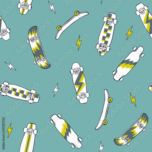 Hand-drawn skateboarding seamless pattern. Skate background texture. Skateboarding doodle illustration. Vector seamless repeat pattern.