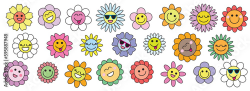 Groovy flower cartoon characters. Happy stickers set from 60s, 70s. Funny happy daisy with eyes and smile, cute comic characters. Vector illustration.