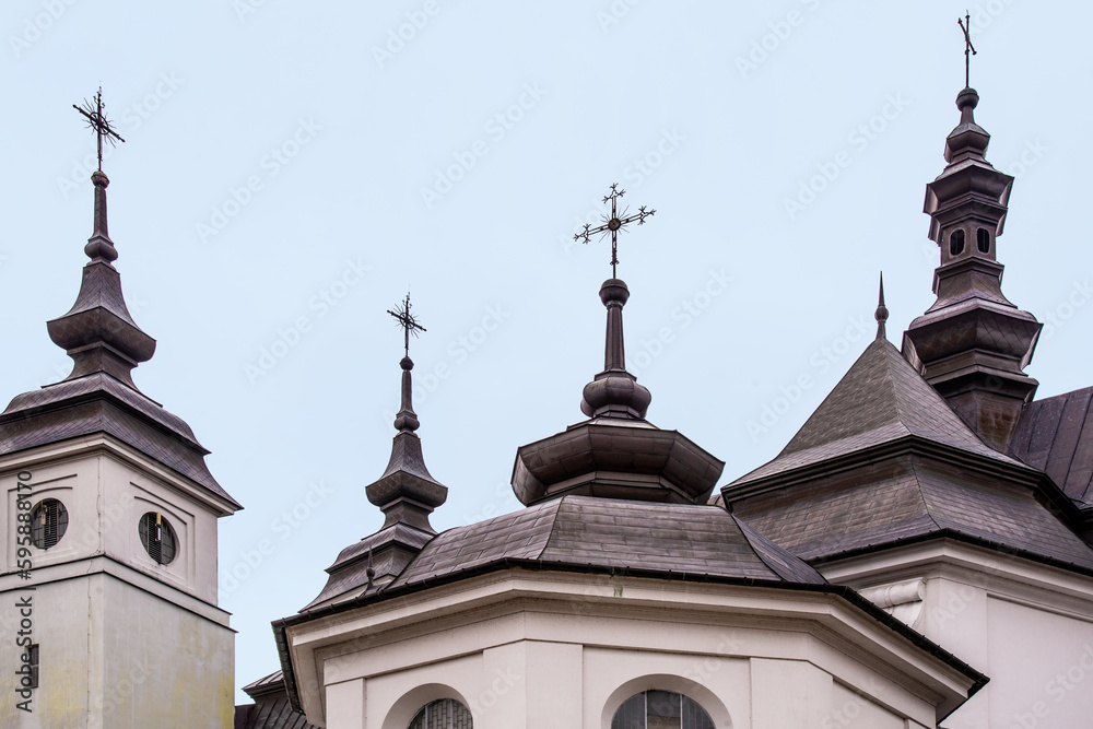 Obraz premium General view and architectural details of the baroque Roman Catholic church of St. Agnes built in 1924 in Goniadz, Podlasie, Poland.