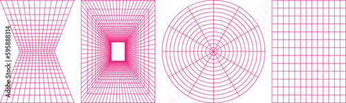 Set of geometry wireframe grid backgrounds. Cyberpunk elements in trendy psychedelic rave style. PNG