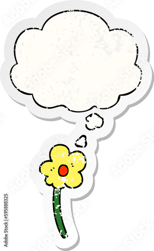 cartoon flower with thought bubble as a distressed worn sticker