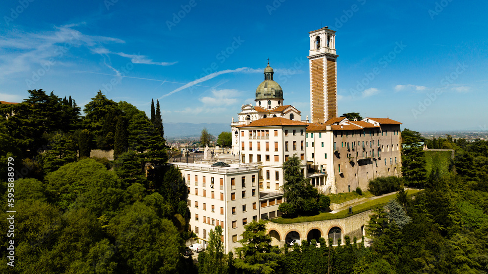 Aerial footage of an italian monastery on a sunny day 