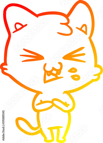 warm gradient line drawing of a cartoon cat hissing