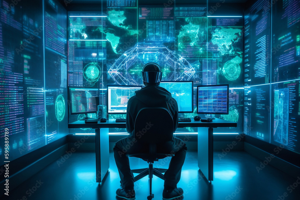 Cyber hacker surrounded by screens Cyber hacker surrounded by screens