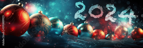 2024 sign on Christmas background with baubles. Generative AI.