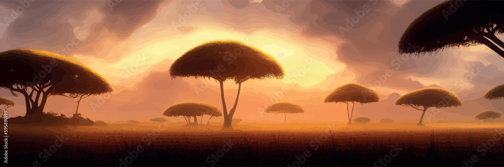 African rainforest. African jungle rainforest panorama with tropical vegetation, exotic fantasy landscape banner vector illustration. african savannah vector illustration - obrazy, fototapety, plakaty 