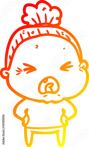 warm gradient line drawing of a cartoon angry old woman